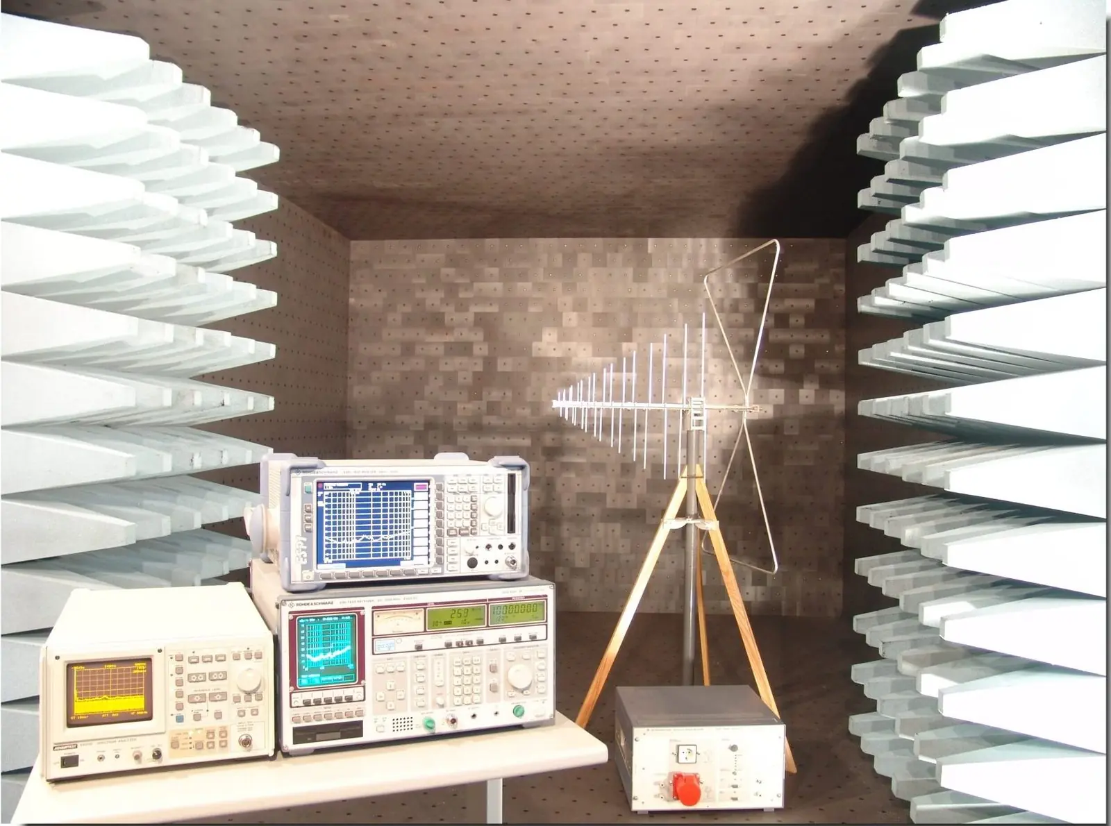 Die Vollabsorber-Kabine in Sigersdorf mit logarithmisch-periodischer Antenne und Messempfängern